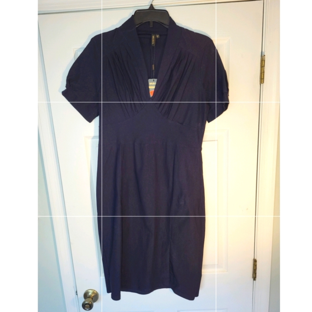 Miusol Navy Blue Stretch Conrour Dress With Front Split!